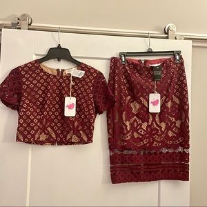 !!SOLD!!Two Pieces Size MEDIUM Maroon Red & Nude Lacey Skirt & Crop Top Dressey